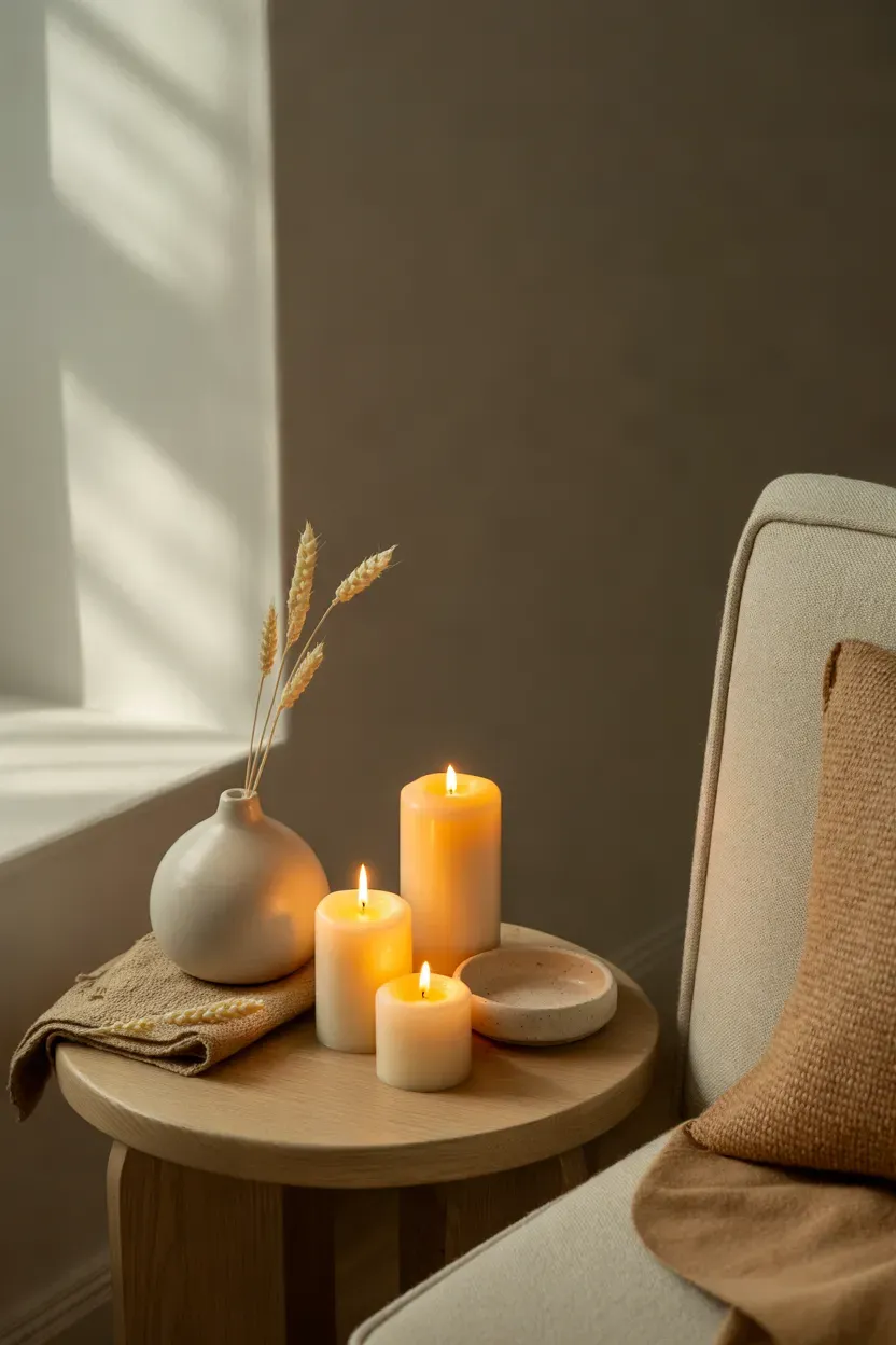 Cream pillar candles and beige ceramics creating a warm autumn living room corner