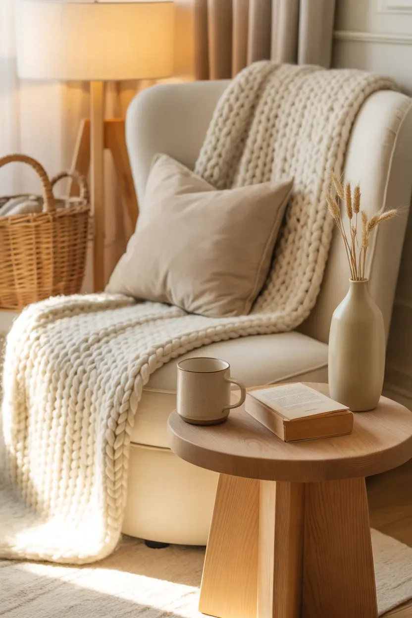 Cream armchair with oatmeal knit blanket and wooden side table in a cozy reading nook