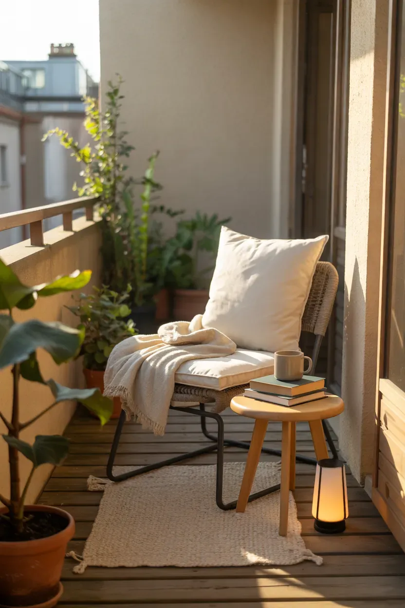 Small apartment balcony reading nook with a cushioned chair, books, and soft lighting