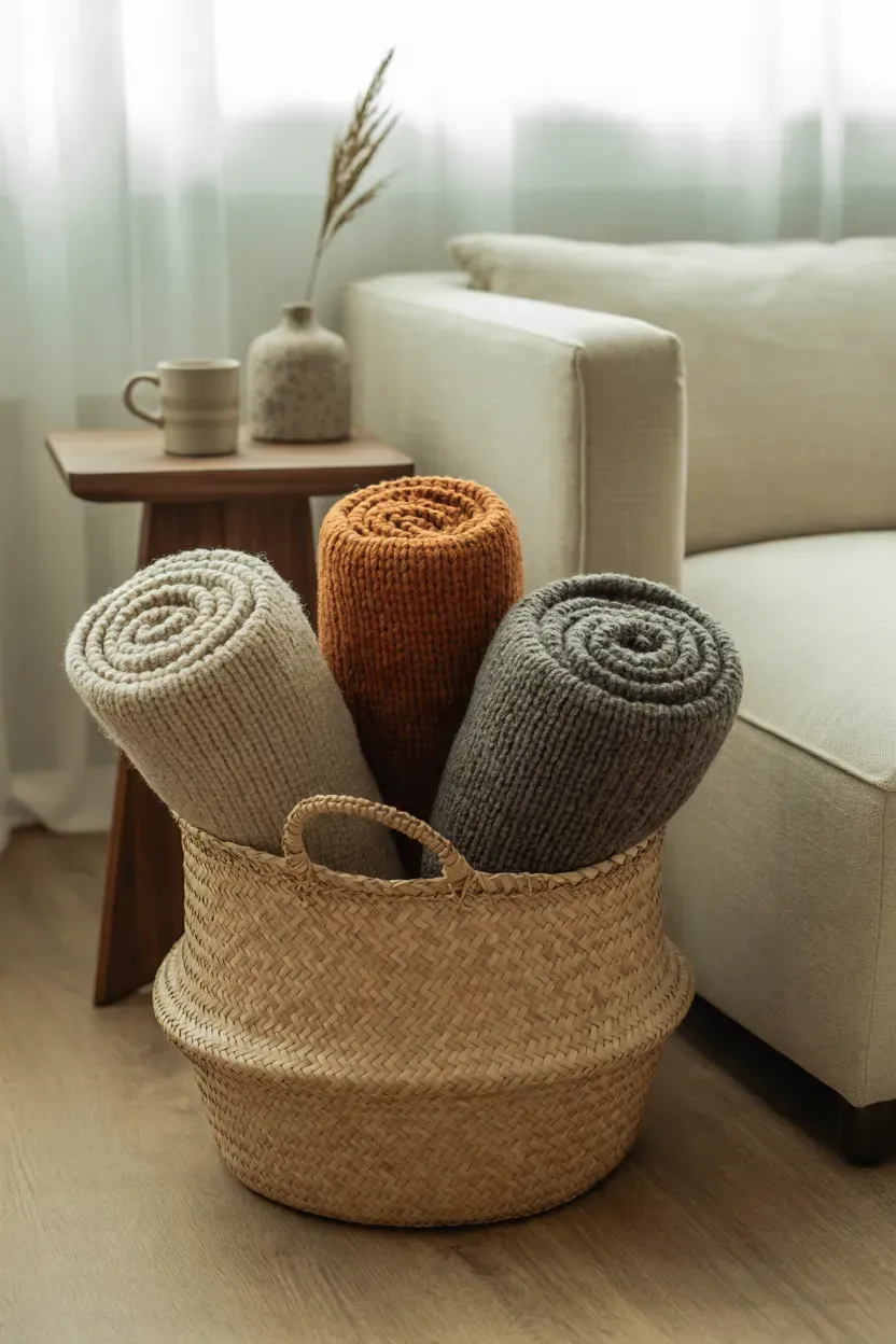 Woven basket holding rolled oatmeal, rust, and charcoal throws beside a sofa