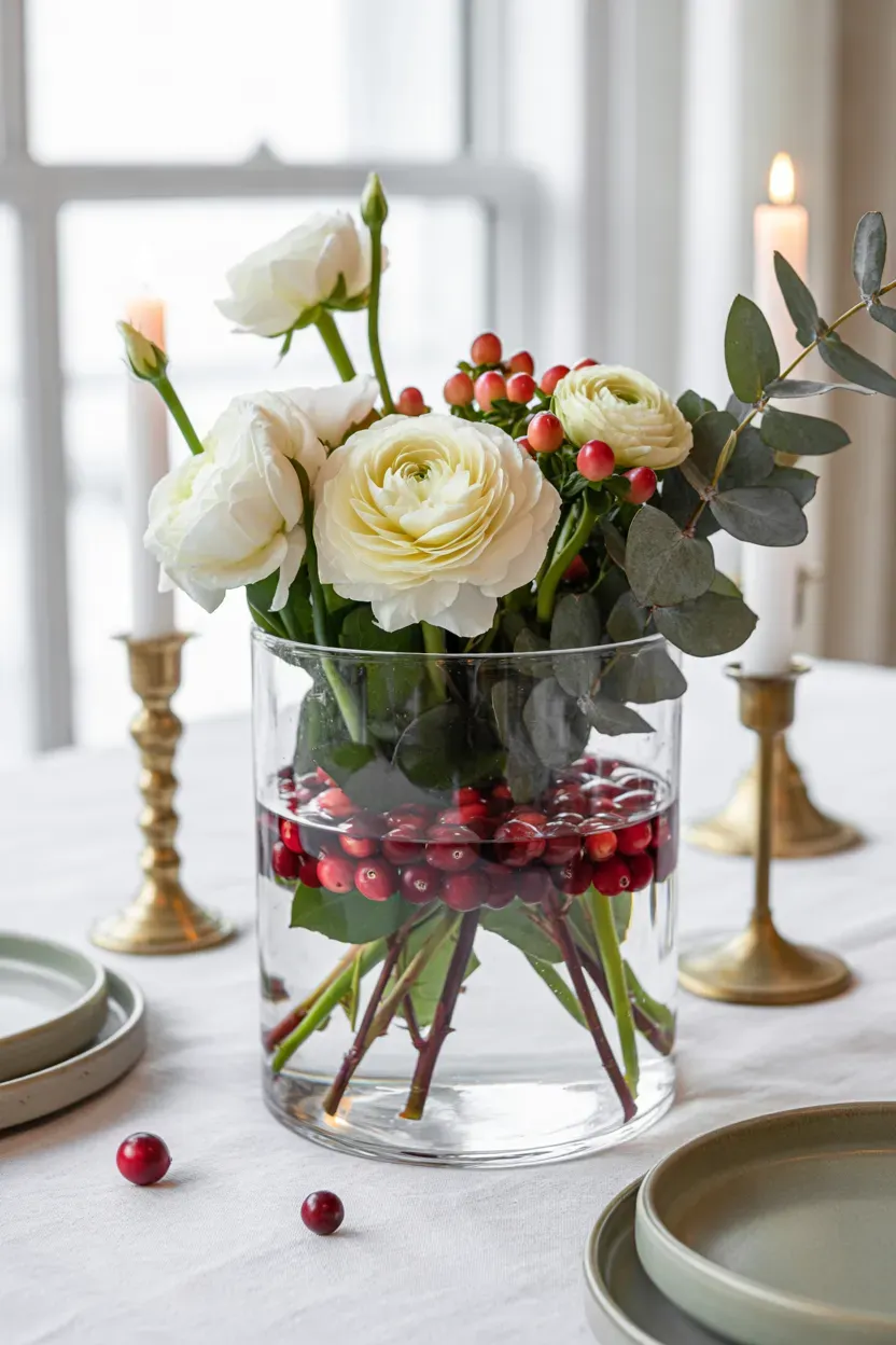 Clear glass vase filled with fresh cranberries and white blooms on a Thanksgiving linen tablecloth