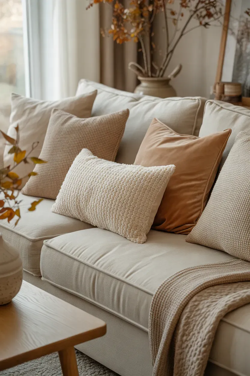 Cream and beige throw pillows styled on a cozy autumn living room sofa