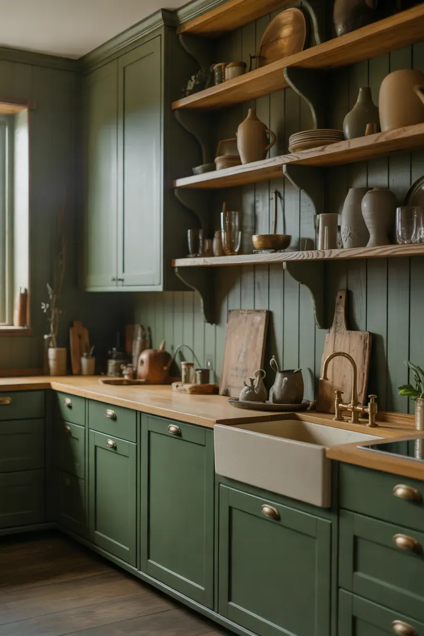 Moody farmhouse kitchen with dark sage cabinets, rustic wood shelves, and brass hardware