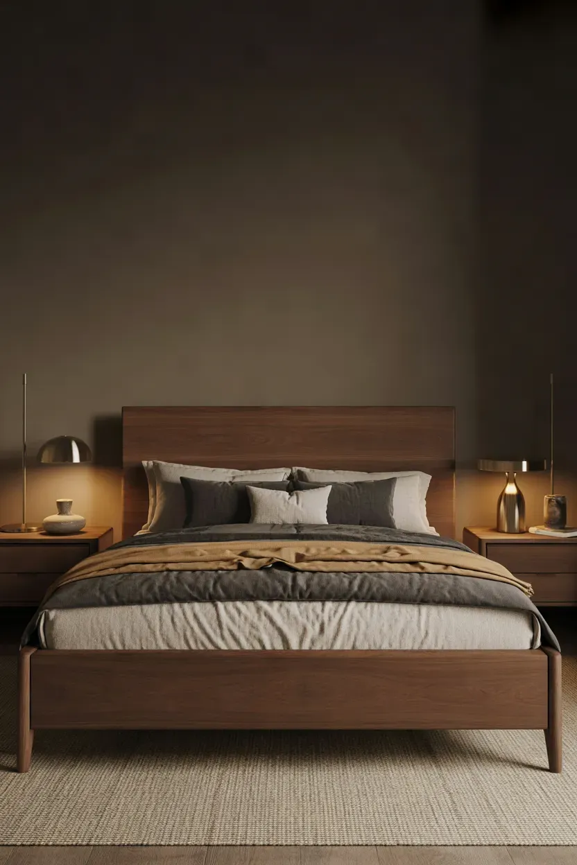 Warm moody bedroom with dark walnut bed frame, matching nightstands, charcoal walls, layered neutral bedding, and brass lighting