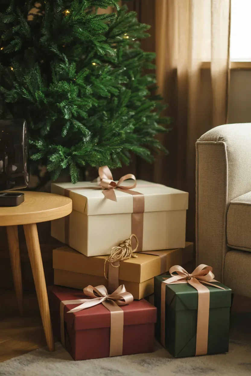 Stacked cream and burgundy decorative gift boxes with gold ribbon under Christmas tree