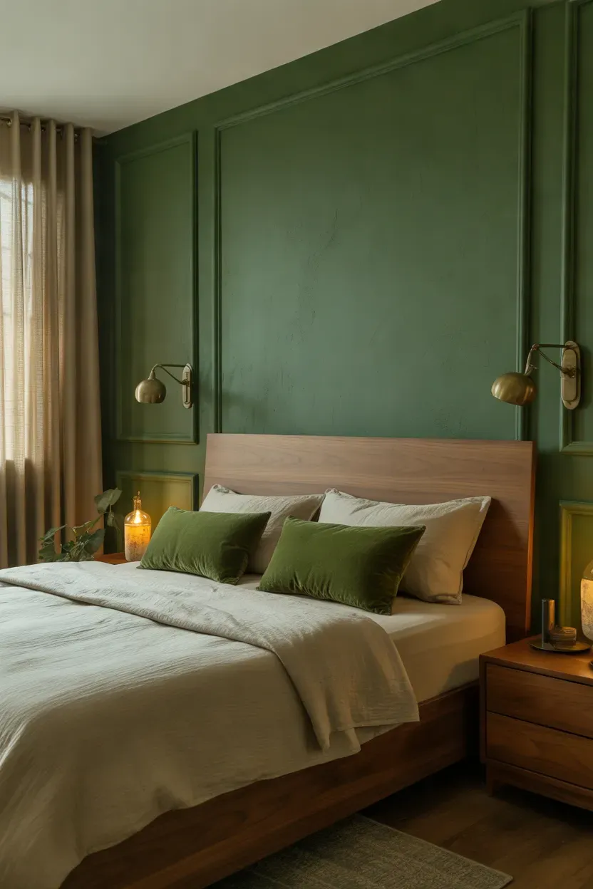 Moody forest green bedroom with cream linen bedding, walnut furniture, brass accents, and warm ambient lighting