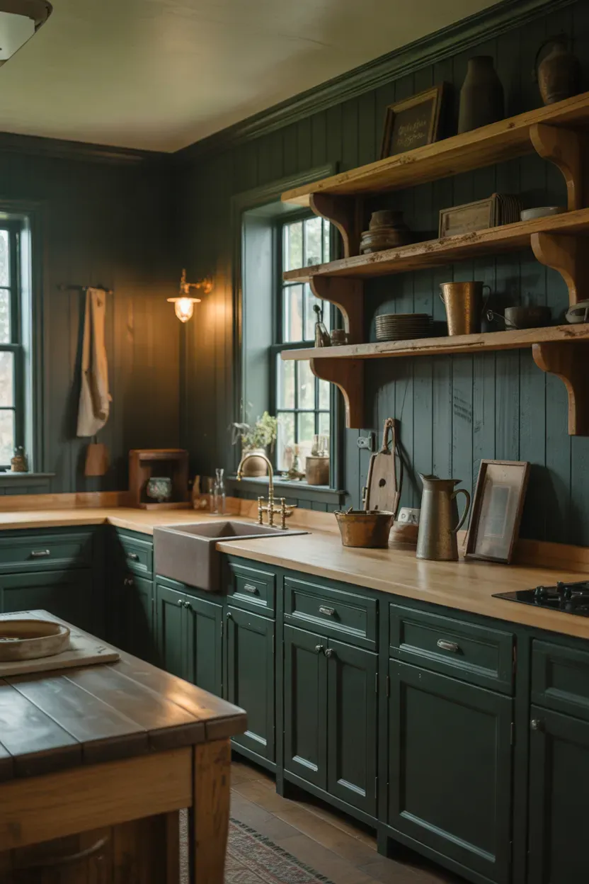 Farmhouse kitchen with deep forest green walls, rustic oak shelves, dark cabinets, and brass lighting