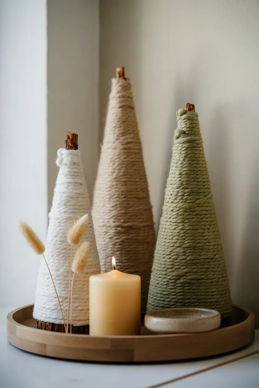 Three cone shaped yarn wrapped mini trees on a wooden entryway console with a candle