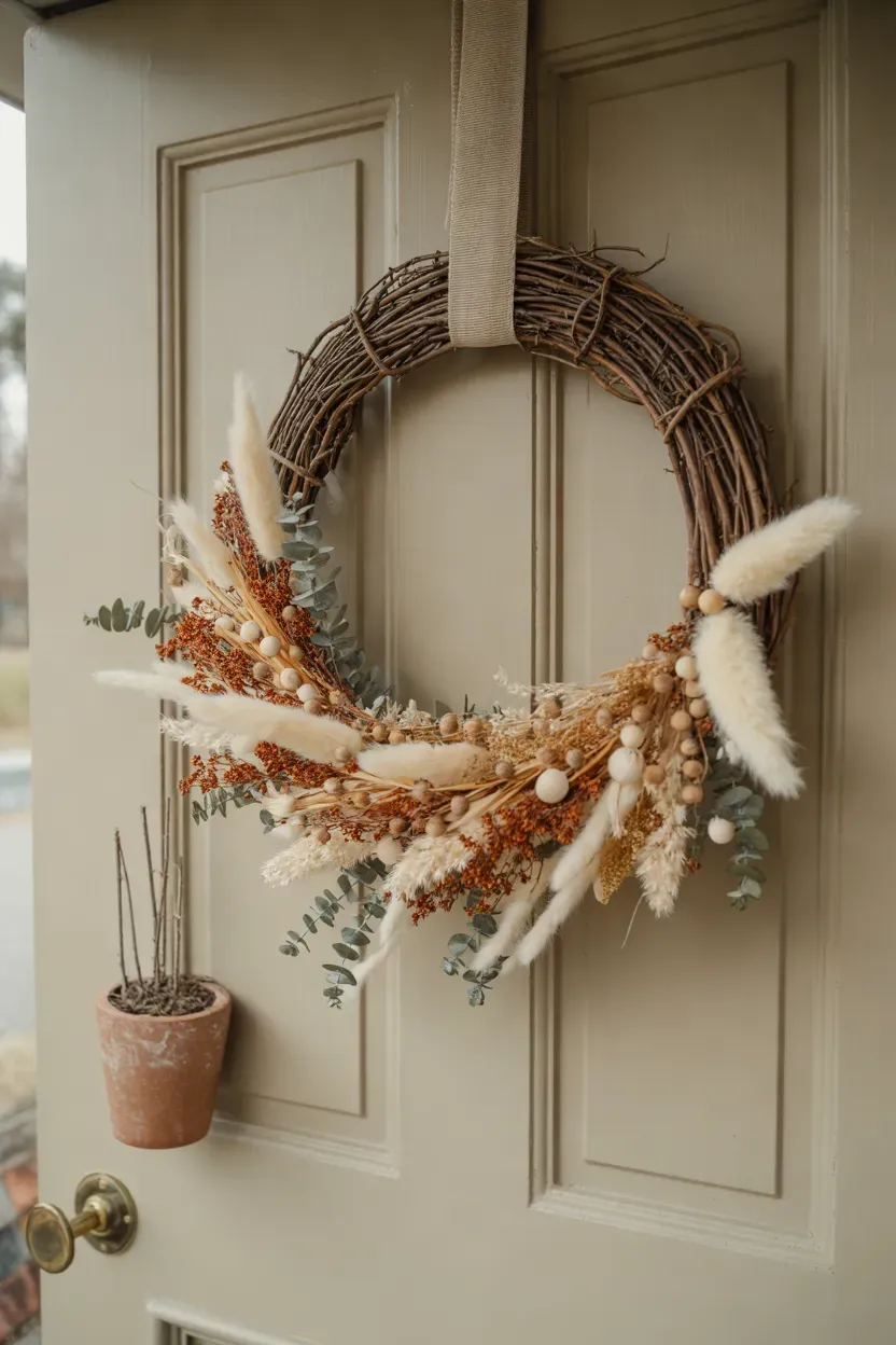 Grapevine wreath with dried pampas and statice hanging on a white front door
