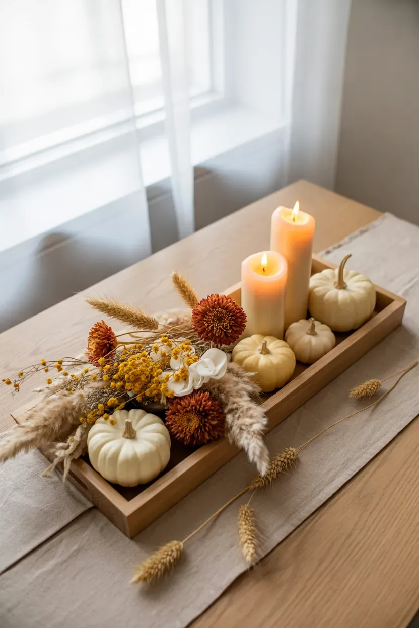 Wooden tray of pampas grass, wheat, rust blooms, and pillar candles on a Thanksgiving table