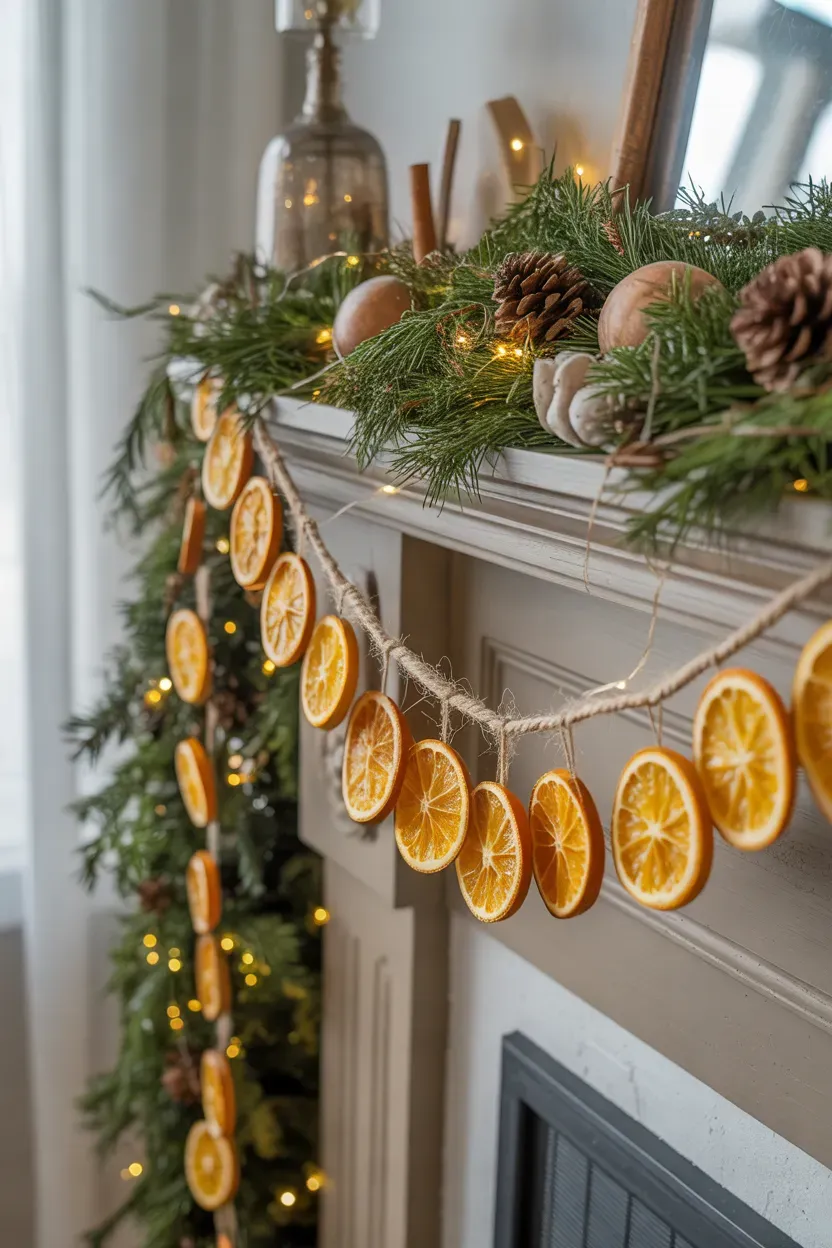 Dried orange slices strung with twine across evergreen branches in a cozy natural Christmas interior