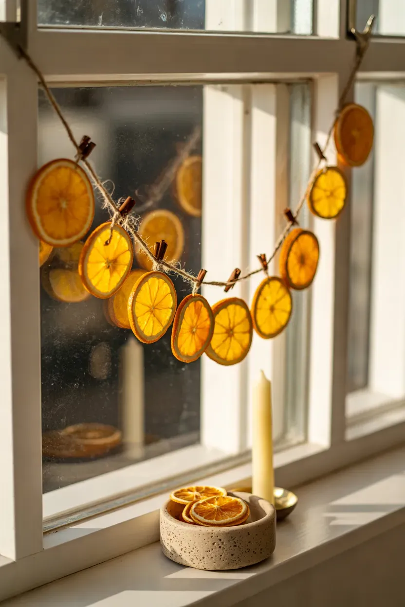 Dried orange slice garland on jute twine hanging across a sunlit window