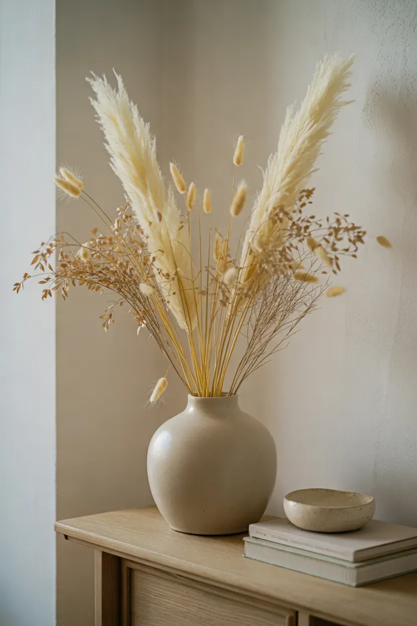 Cream pampas grass arranged in a textured ceramic vase beside a neutral sofa