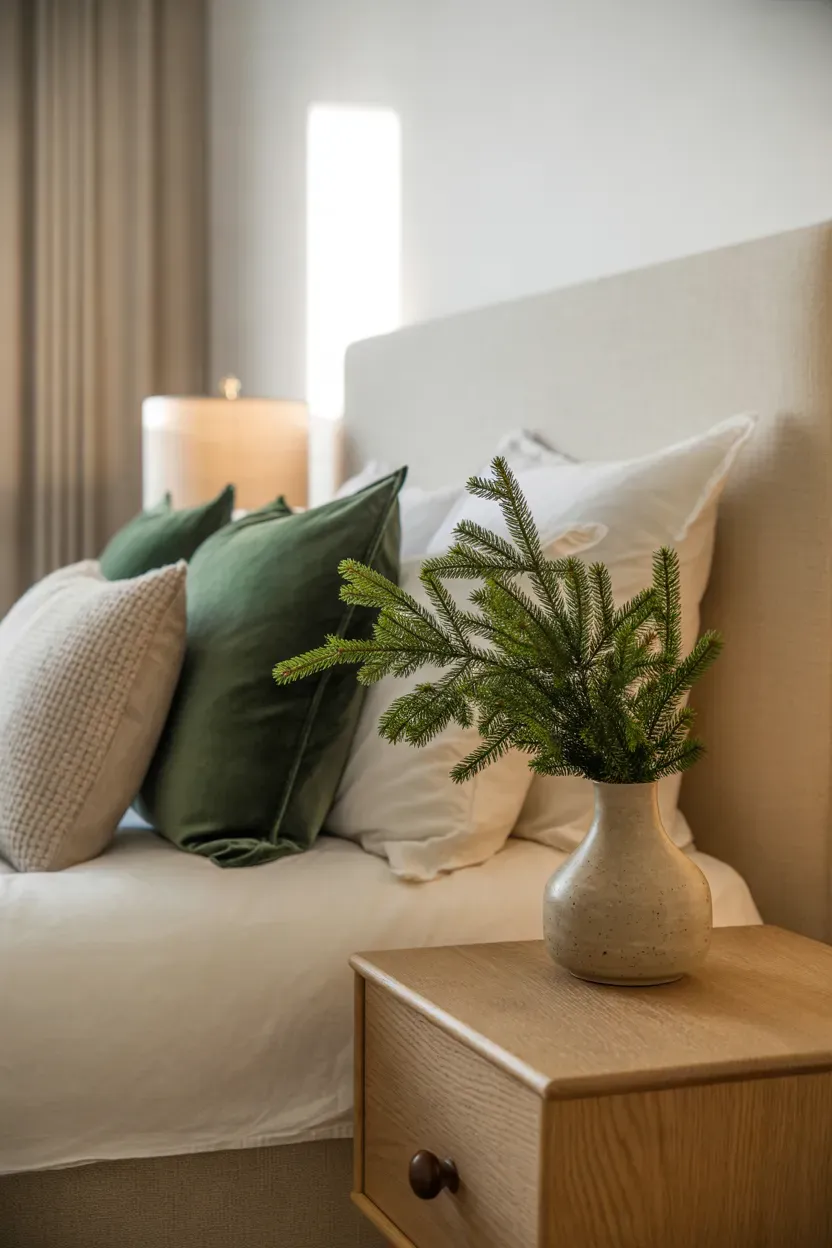 Elegant neutral bedroom with ivory bedding, forest green cushions, evergreen branches, and warm bedside lighting