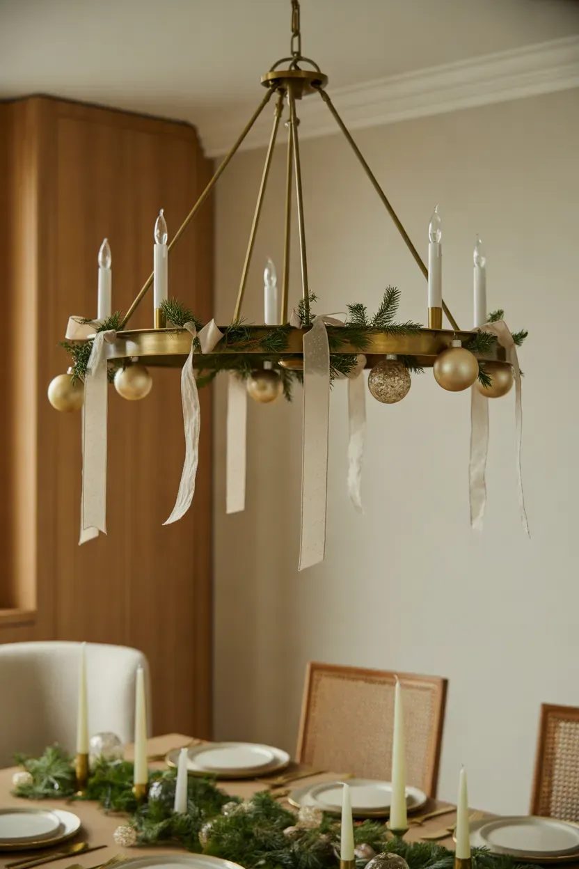 Elegant dining chandelier decorated with delicate evergreen sprigs, ivory ribbon, and subtle gold accents above a festive table