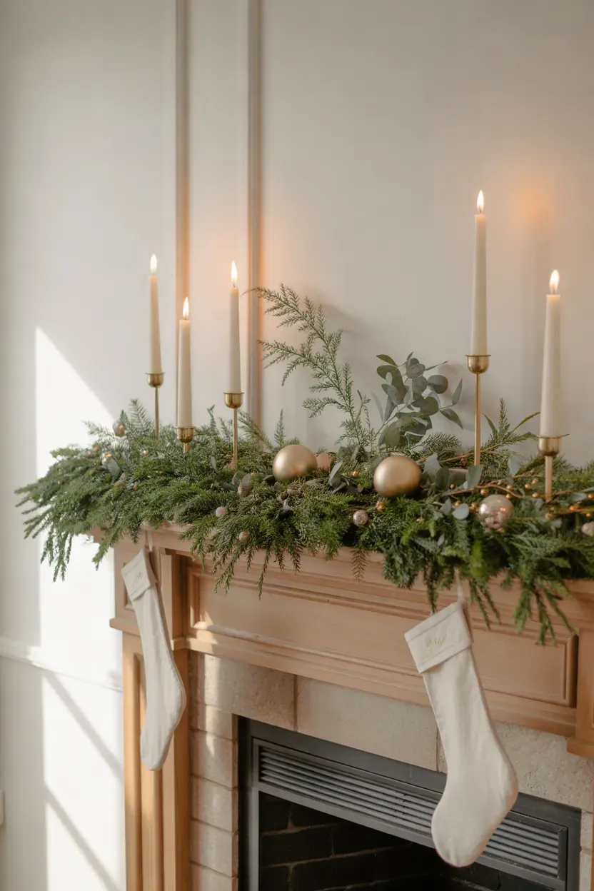 Classic fireplace mantel decorated with fresh evergreen garland, ivory candles, brass accents, and delicate festive ornaments