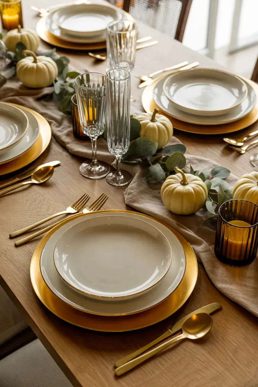 Elegant Thanksgiving place settings with gold cutlery, ivory plates, linen napkins, and autumn accents