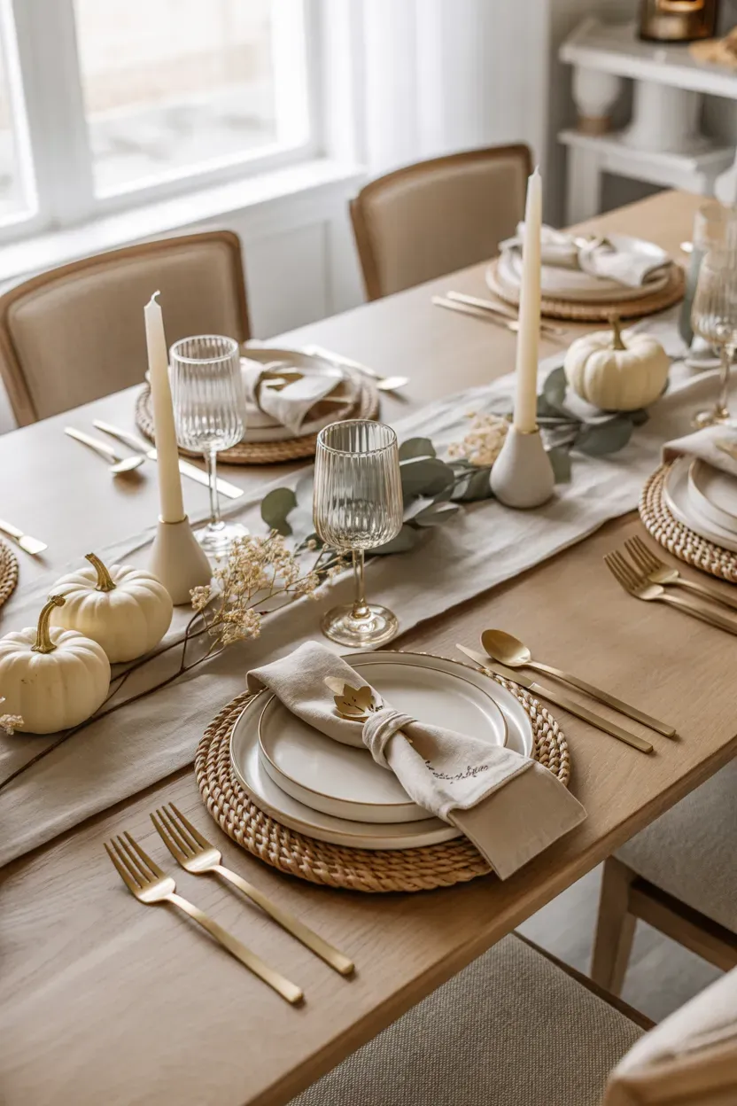 Elegant neutral Thanksgiving table with ivory plates, beige linens, cream pumpkins, and soft candlelight