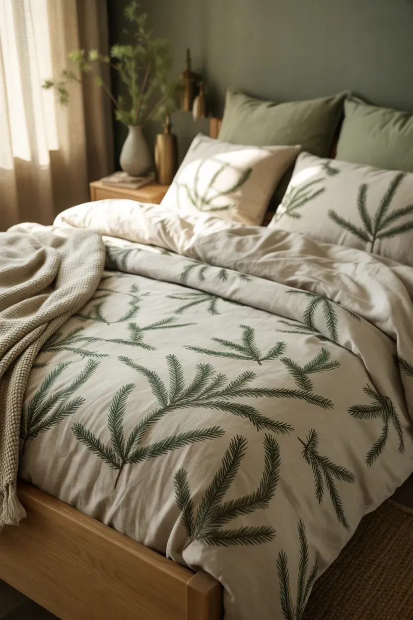 Green botanical Christmas bedding with leafy prints, cream pillows, and natural wood accents