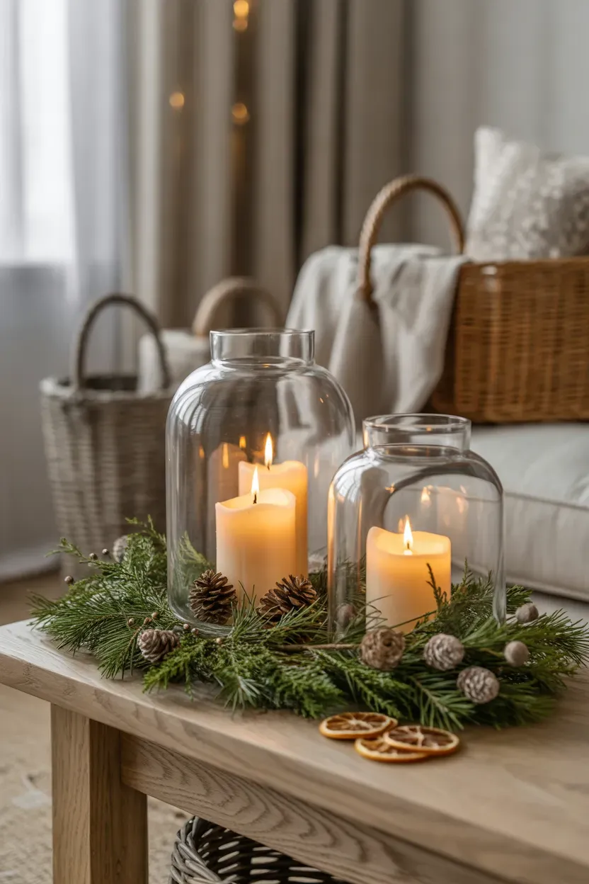 Glass lanterns with ivory candles surrounded by evergreen sprigs and pinecones on a wooden console