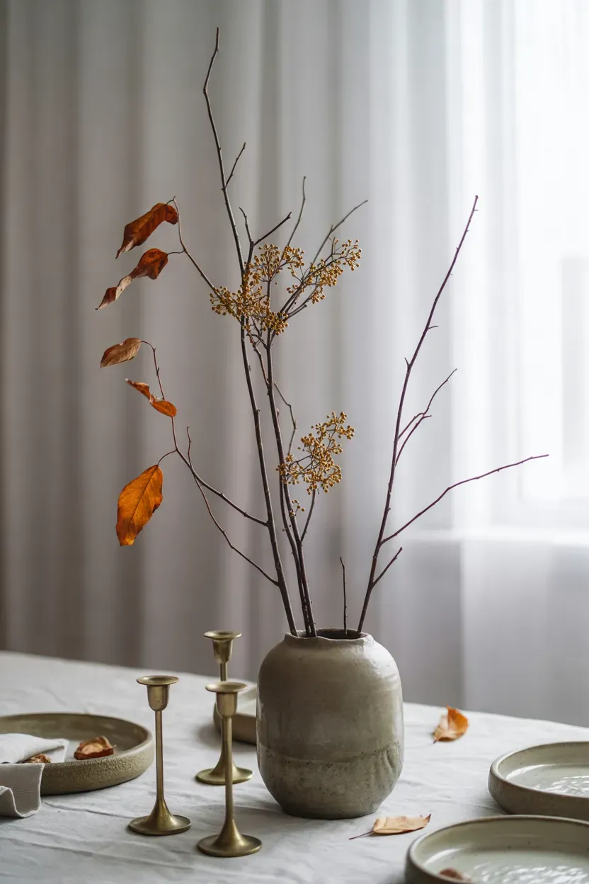 Bare branches with dried leaves in a heavy vase with river stones on a Thanksgiving table