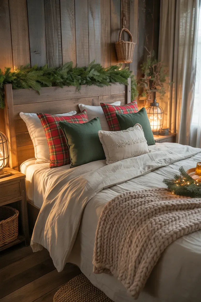 Farmhouse Christmas bedding with cream duvet, plaid pillows, oatmeal blanket, and rustic wood furniture