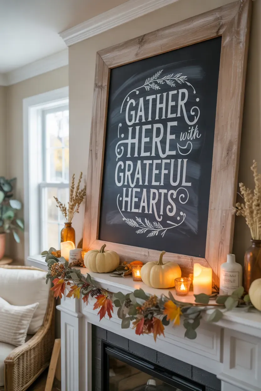 Large Thanksgiving chalkboard above a farmhouse fireplace with pumpkins and autumn garland