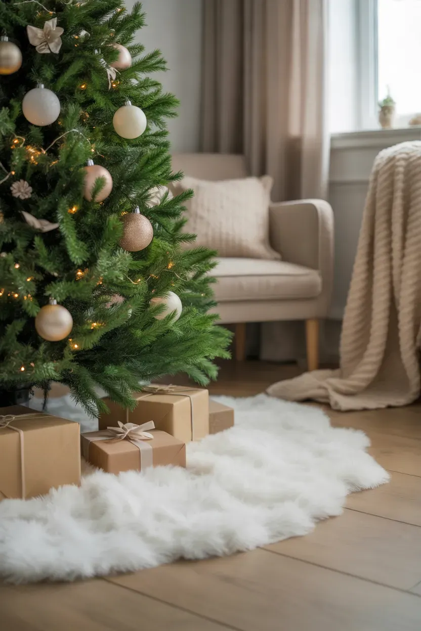 Soft white faux snow blanket arranged beneath a Christmas tree with neutral ornaments