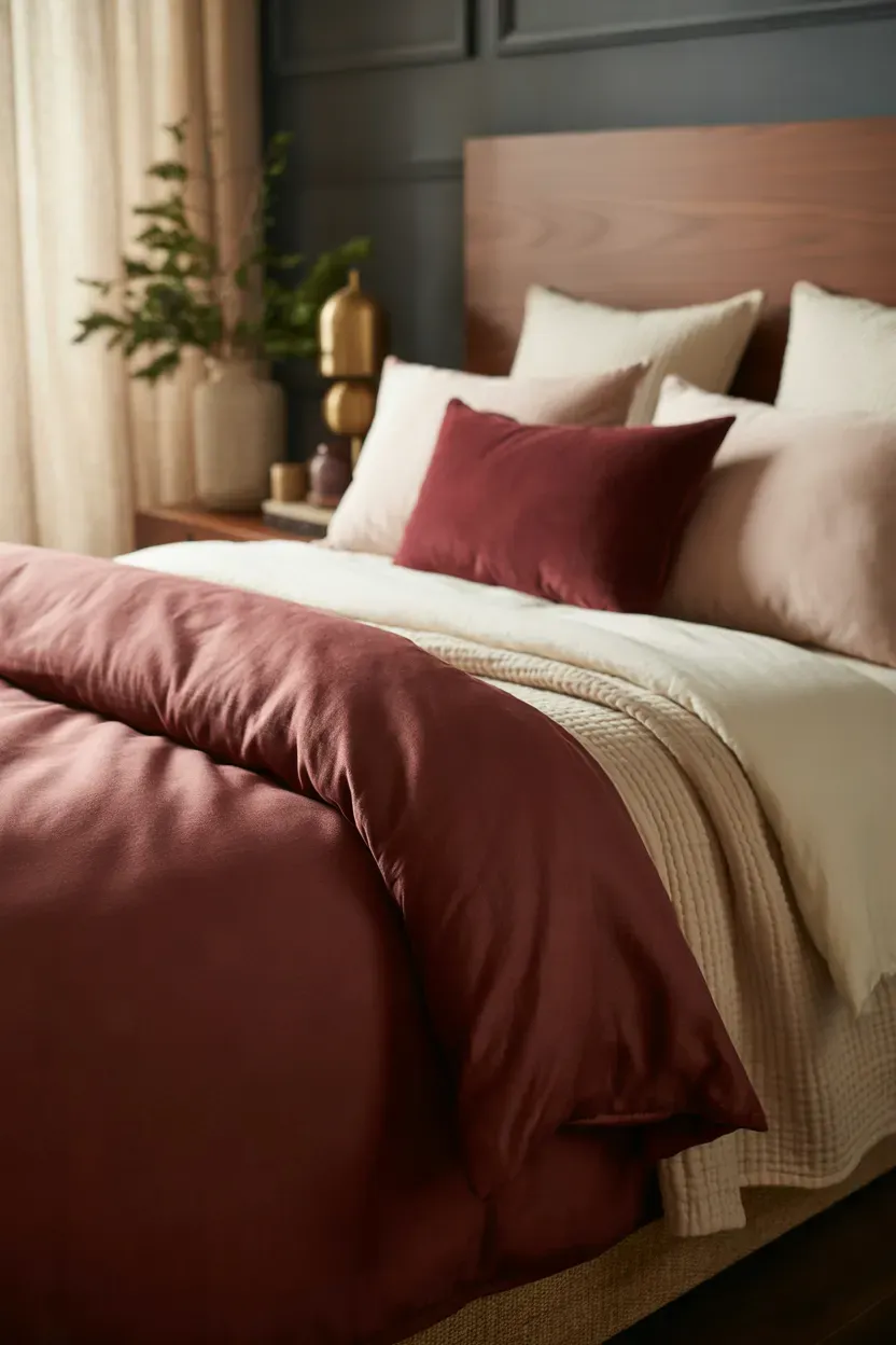 Burgundy Christmas bedding with ivory pillows, velvet cushions, and warm wooden furniture