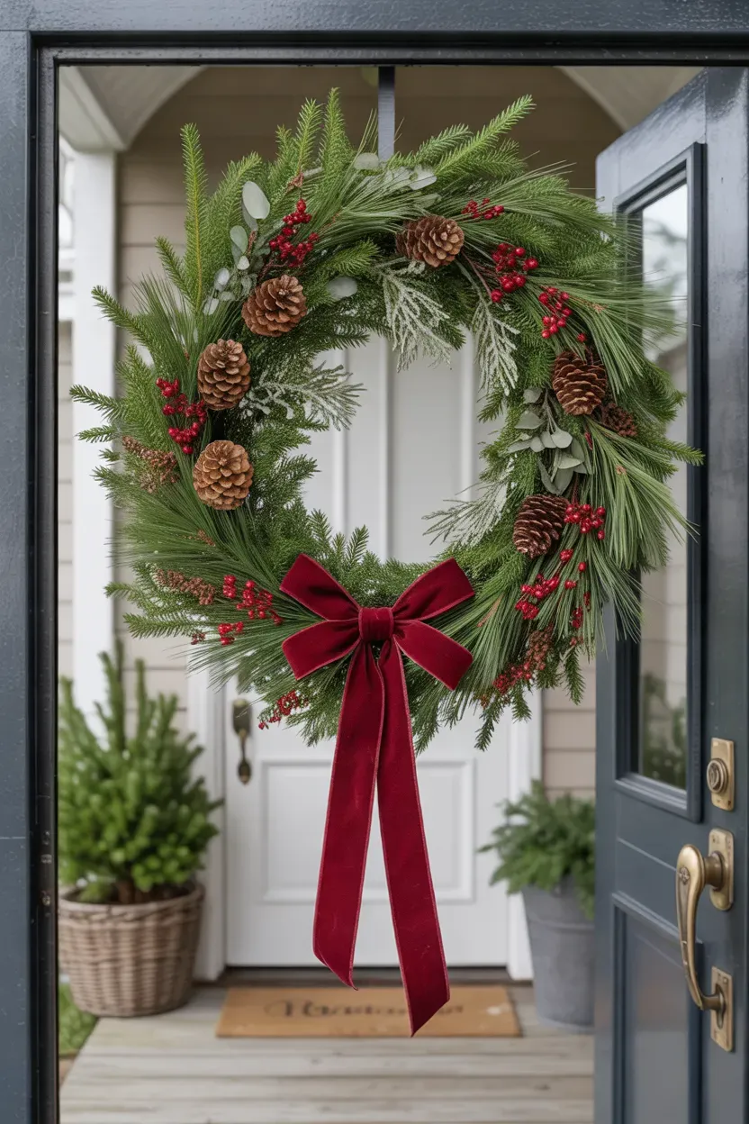 Evergreen Christmas wreath with red berries, pinecones, and a velvet ribbon