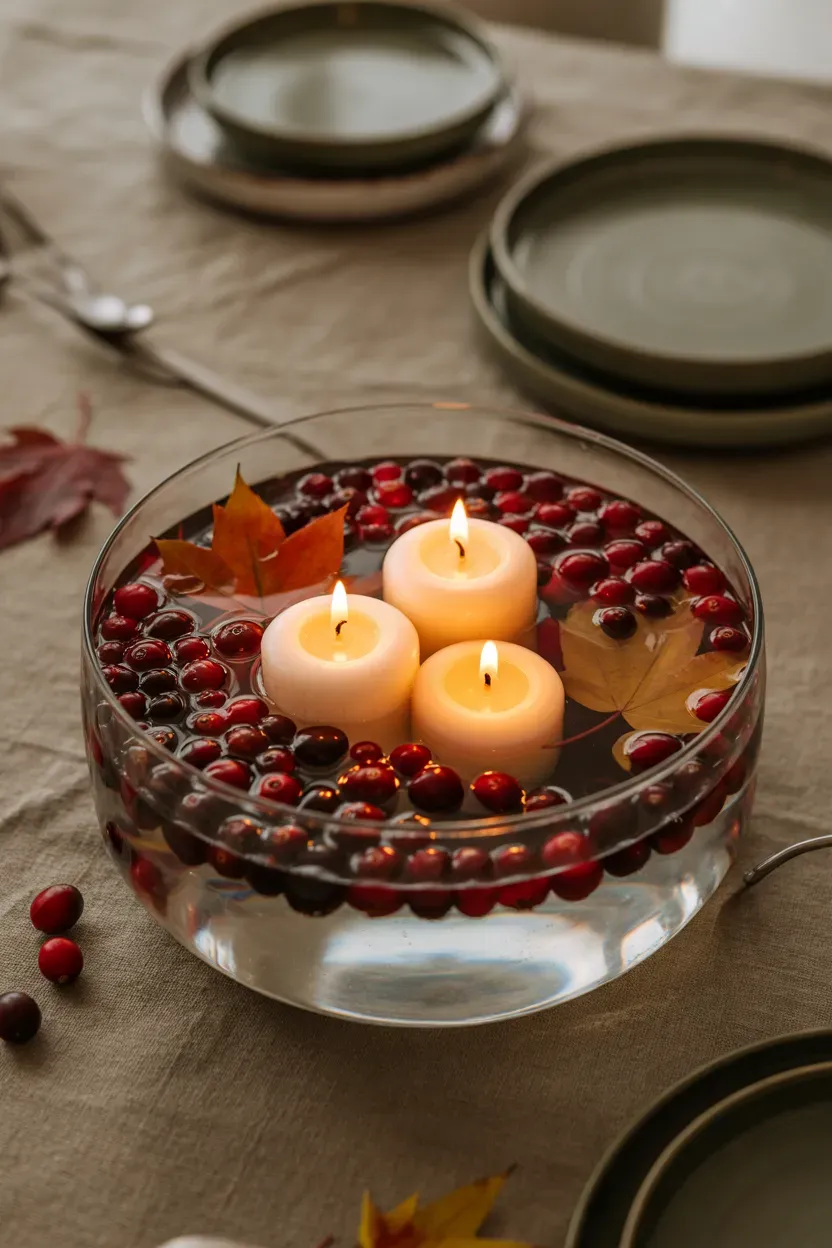 Glass bowl of floating candles and fresh cranberries glowing on a Thanksgiving table