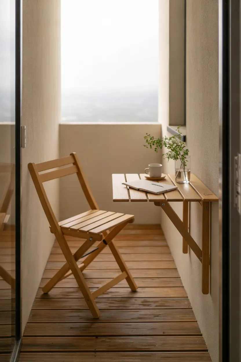 Small apartment balcony featuring a wall-mounted folding table and compact wooden chair