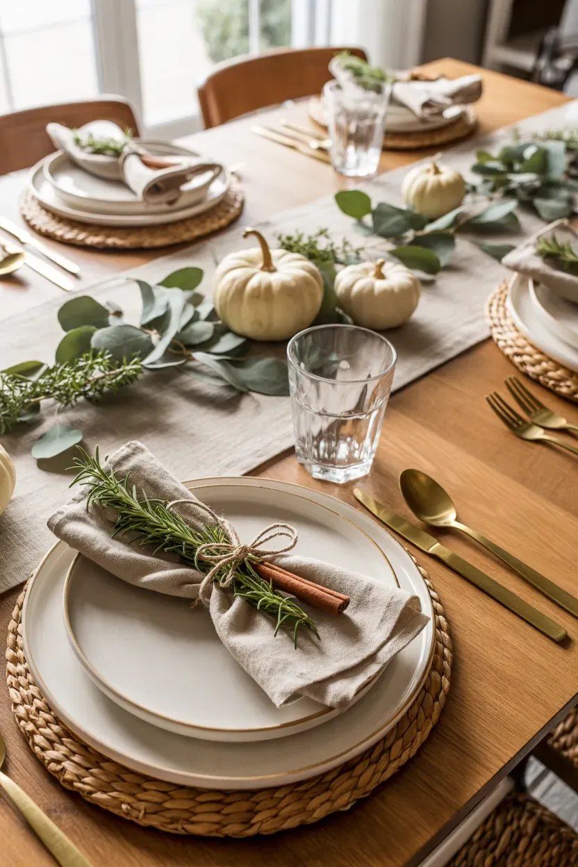 Linen napkins tied with rosemary, thyme, twine, and cinnamon sticks on a Thanksgiving table