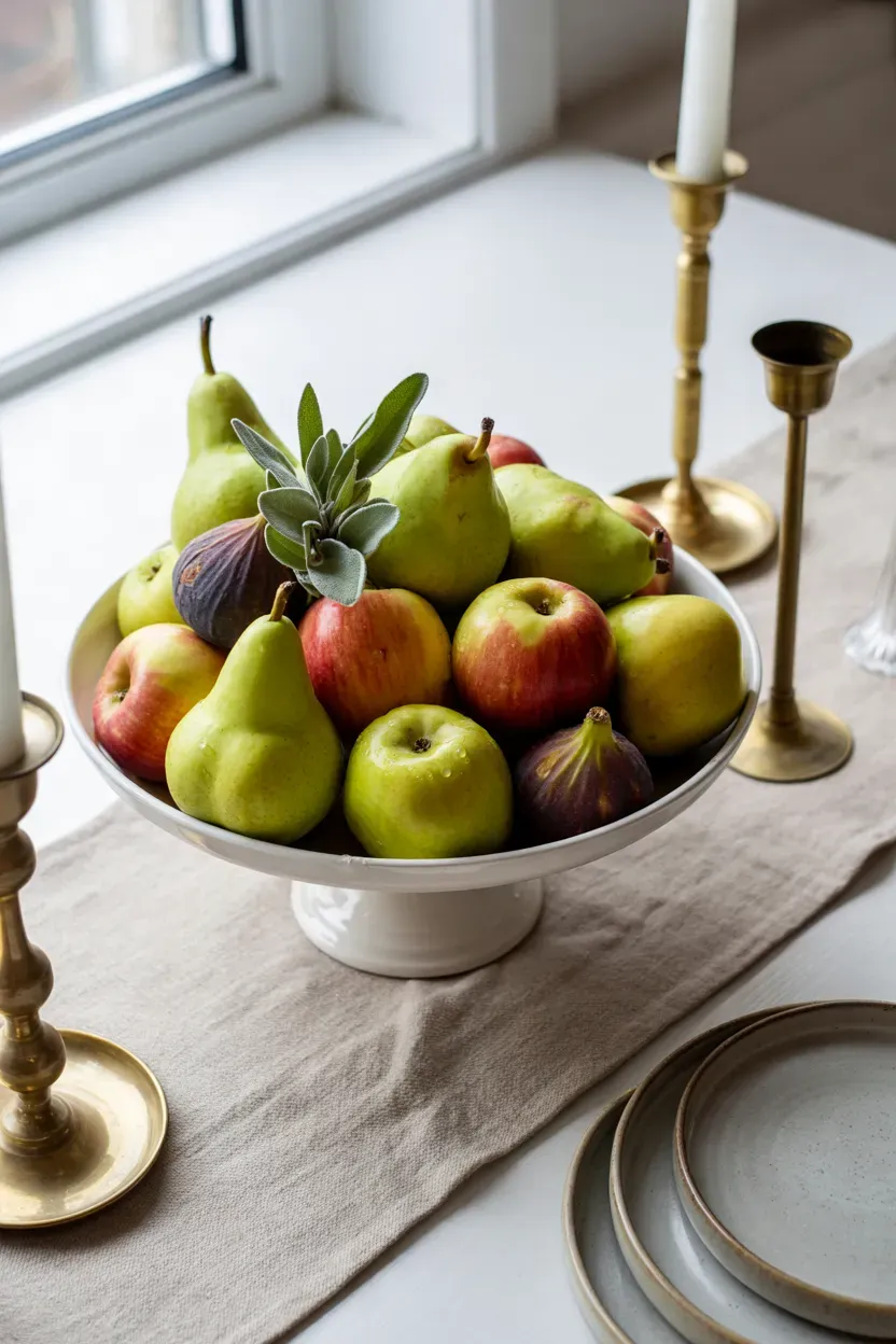 White pedestal bowl piled with pears, apples, and figs on a Thanksgiving linen runner