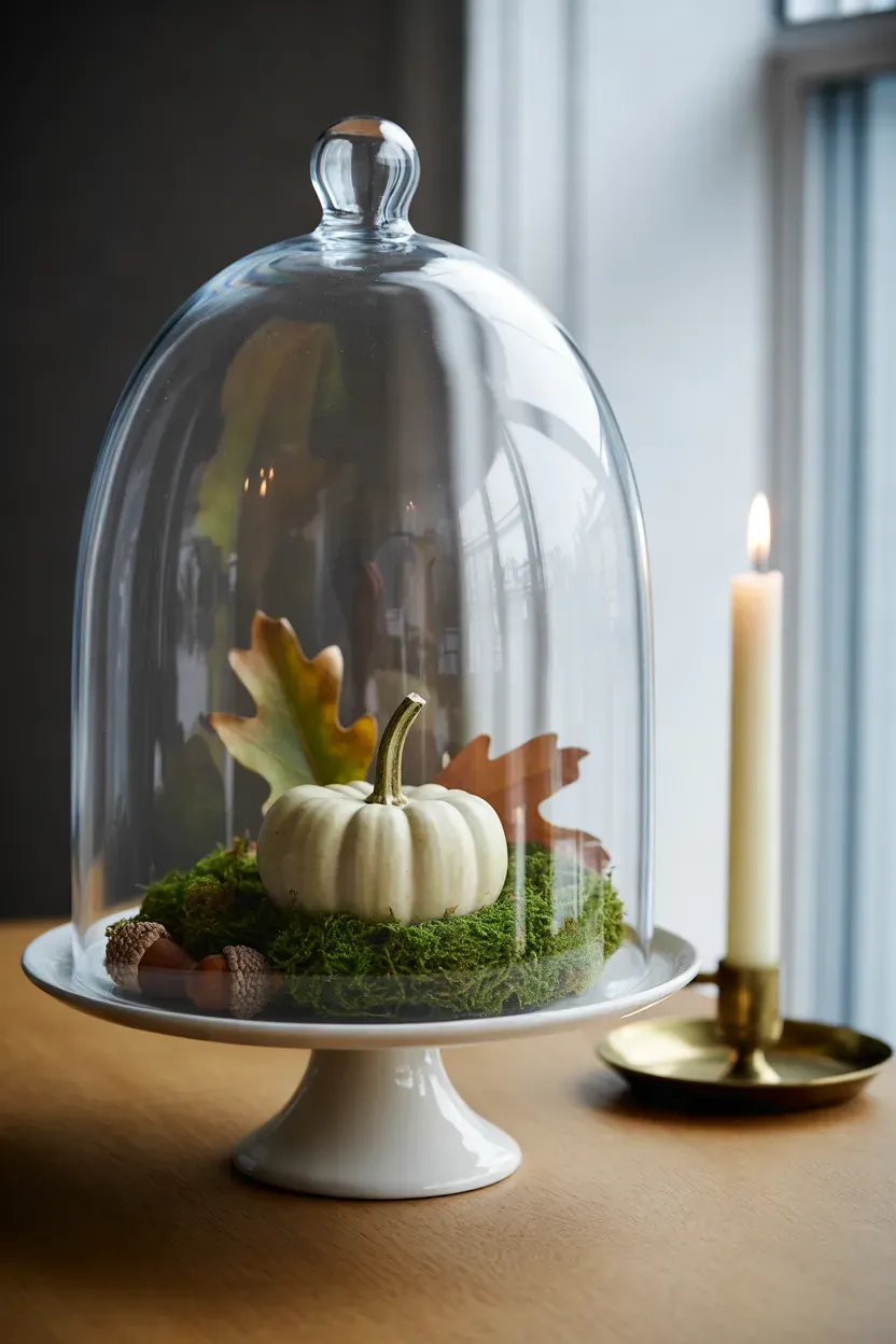 Glass cloche over a cake stand with moss, a white pumpkin, and dried leaves on a Thanksgiving table