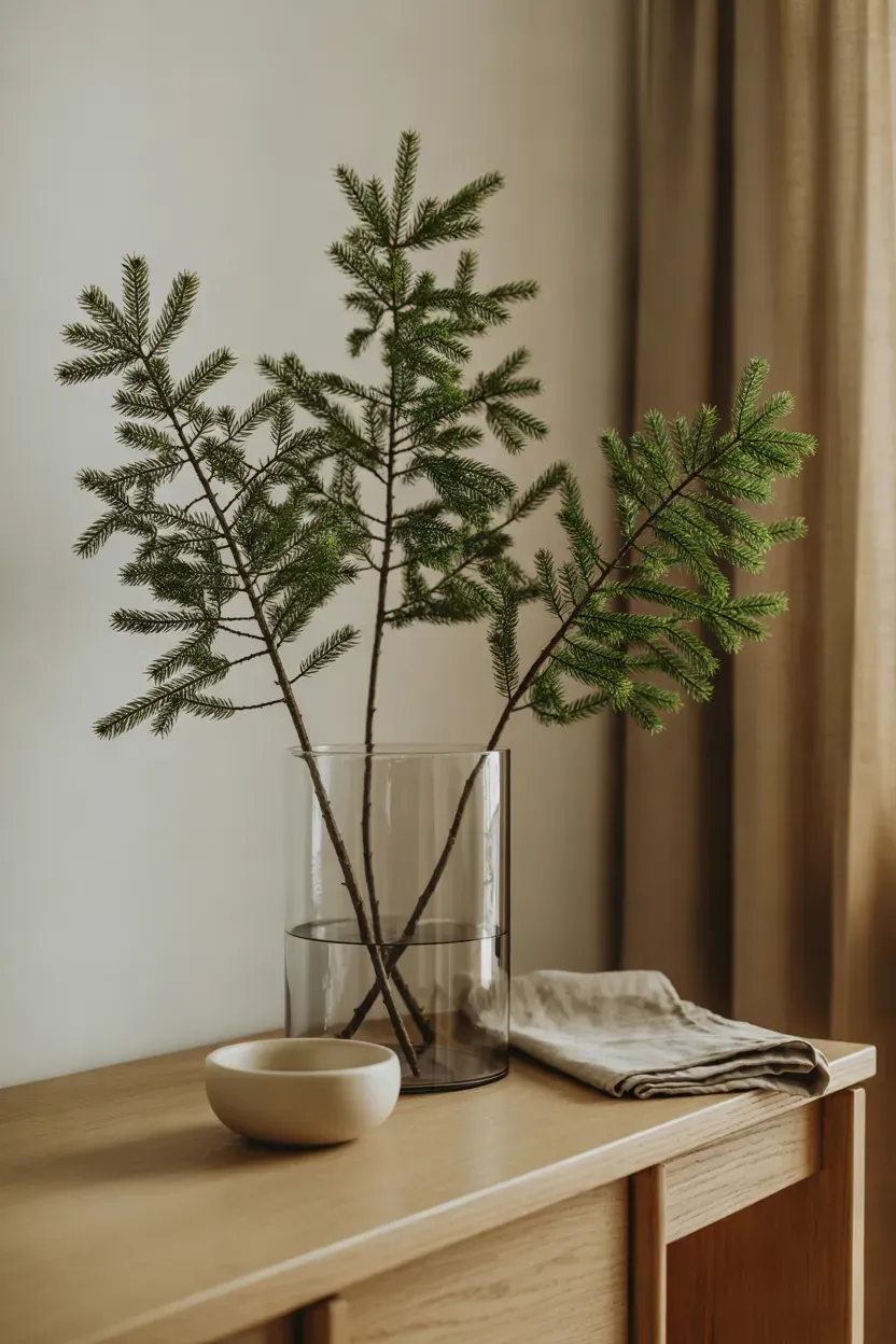 Minimal evergreen branches arranged in a clear glass vase on a neutral Christmas console table