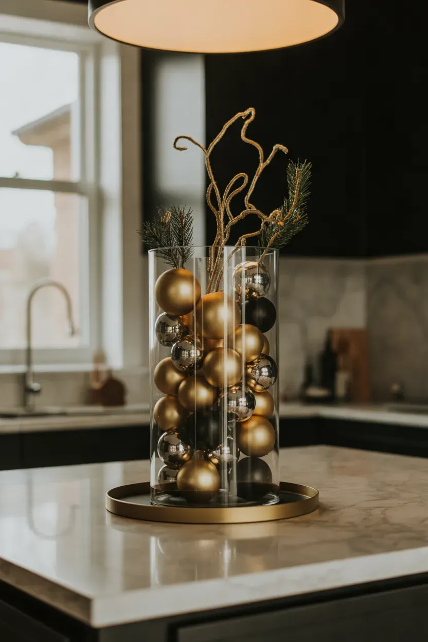 Tall clear glass vase filled with matte black and gold ornaments on a black tray