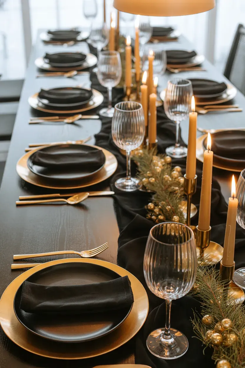 Christmas dinner table with gold charger plates, black plates and gold flatware by candlelight