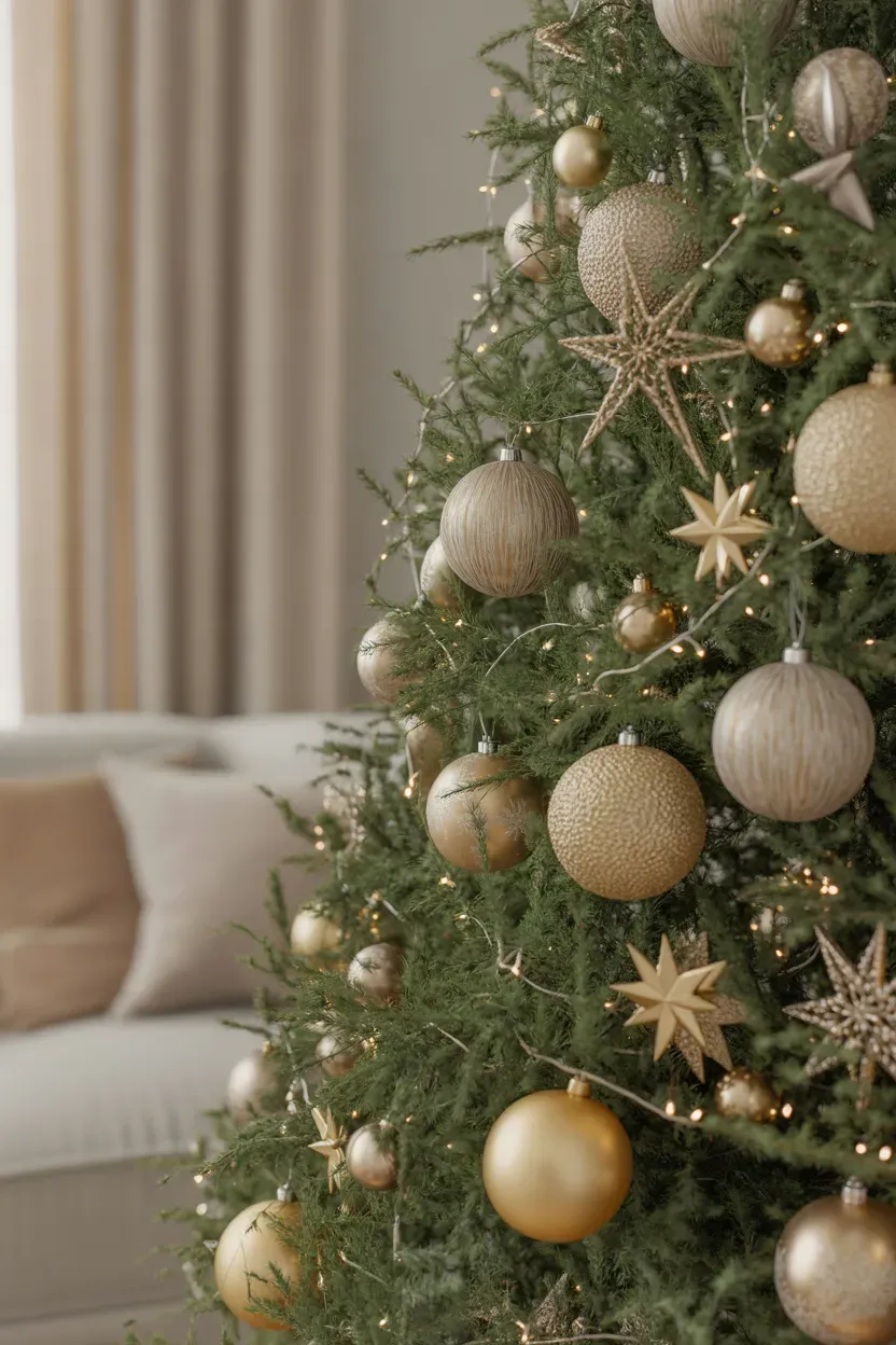 Champagne gold Christmas ornaments arranged among green pine branches and warm lights