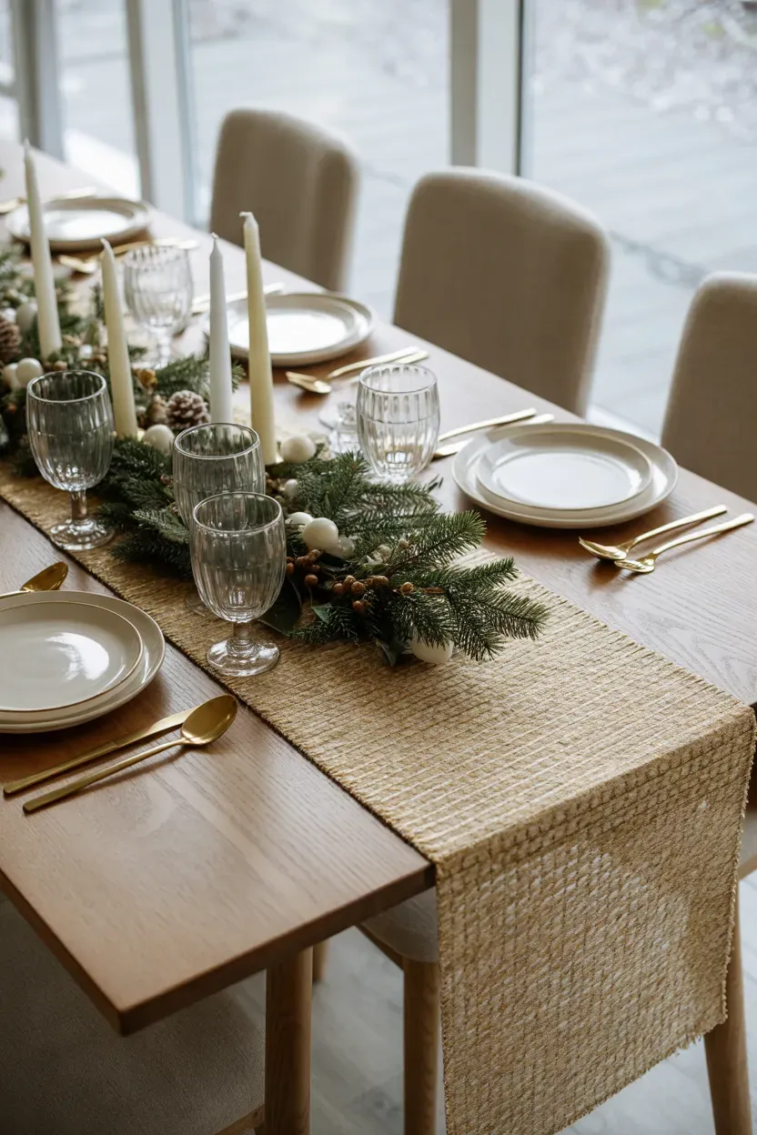 Champagne gold table runner with ivory dinnerware pine sprigs and elegant holiday accents