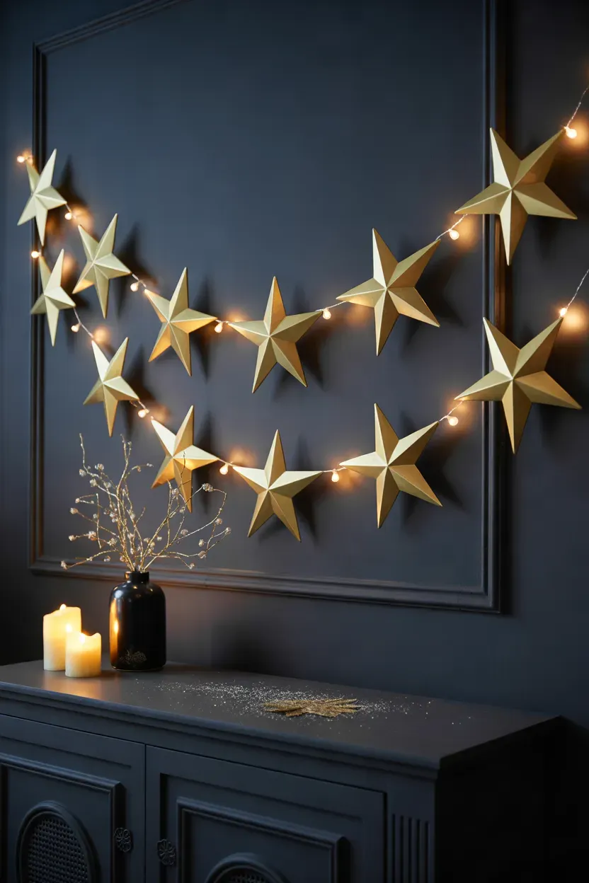 String of brushed gold metal stars hanging above a dark sideboard with warm white lights
