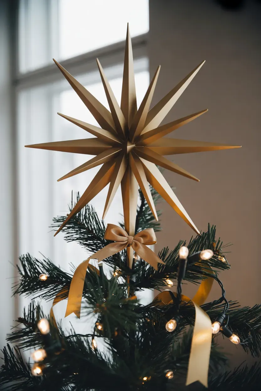 Gold starburst tree topper on top of a black Christmas tree with warm white lights
