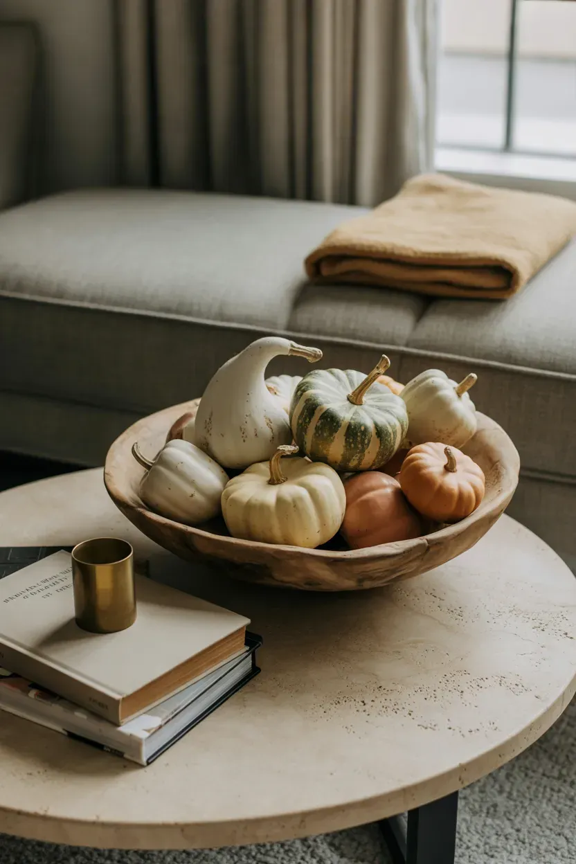 Wide wooden bowl of cream, sage, and terracotta gourds on a coffee table