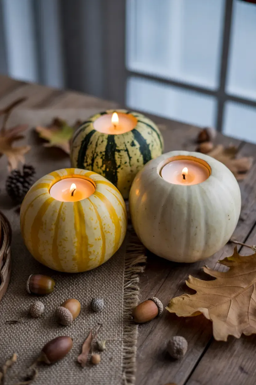 Striped and warty gourds hollowed into glowing candle holders with acorns on a wooden table