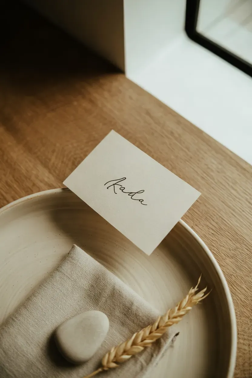 Kraft paper place card with handwritten name on a stoneware plate at Thanksgiving