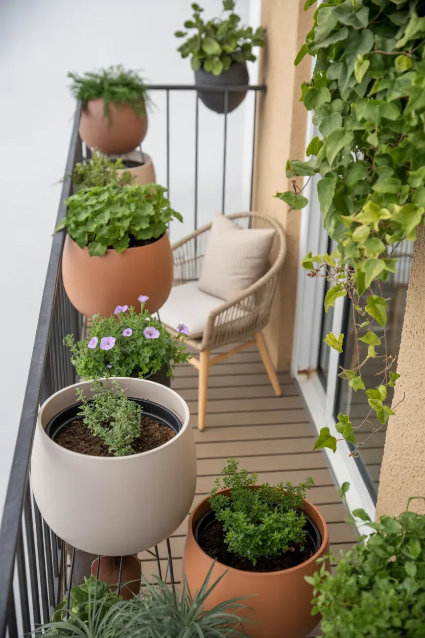 Small balcony railing decorated with green foliage and terracotta hanging planters