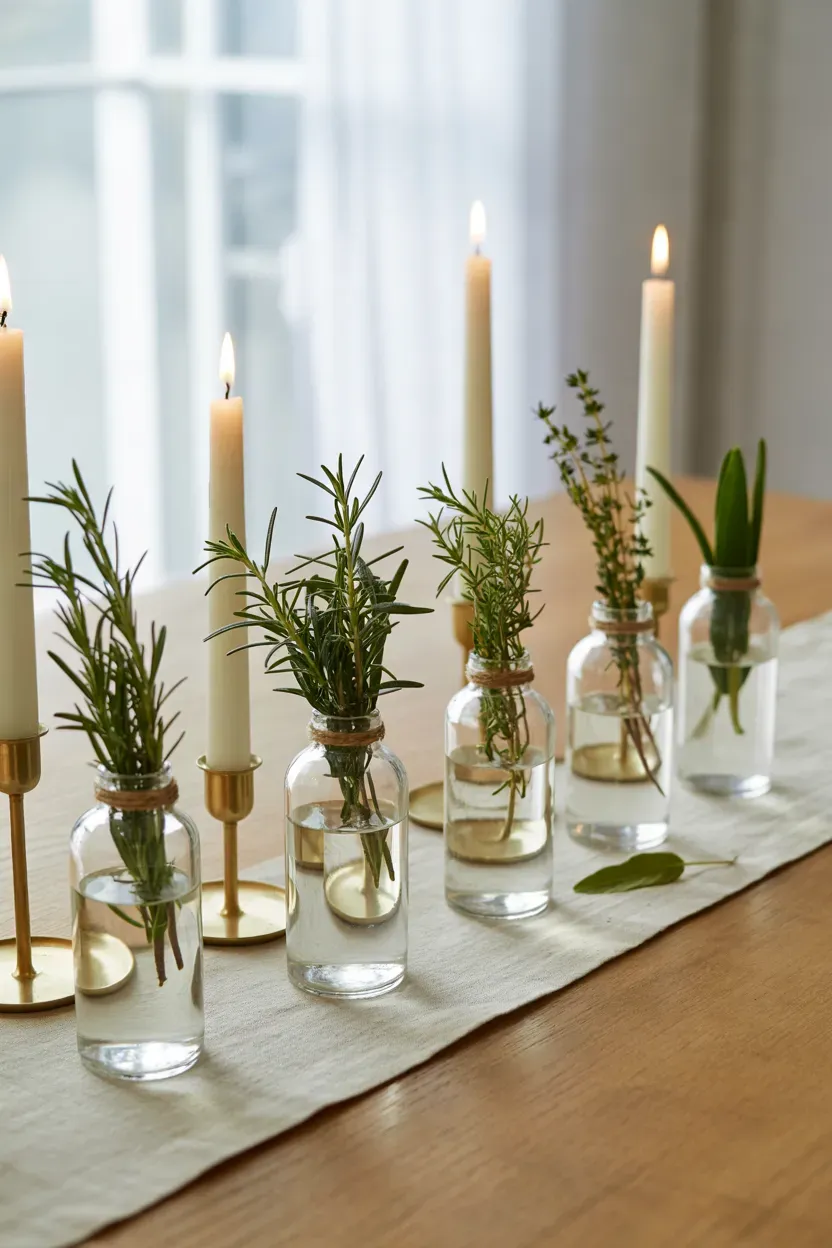 Rosemary, sage, and thyme bundles in small glass bottles lined down a wooden Thanksgiving table