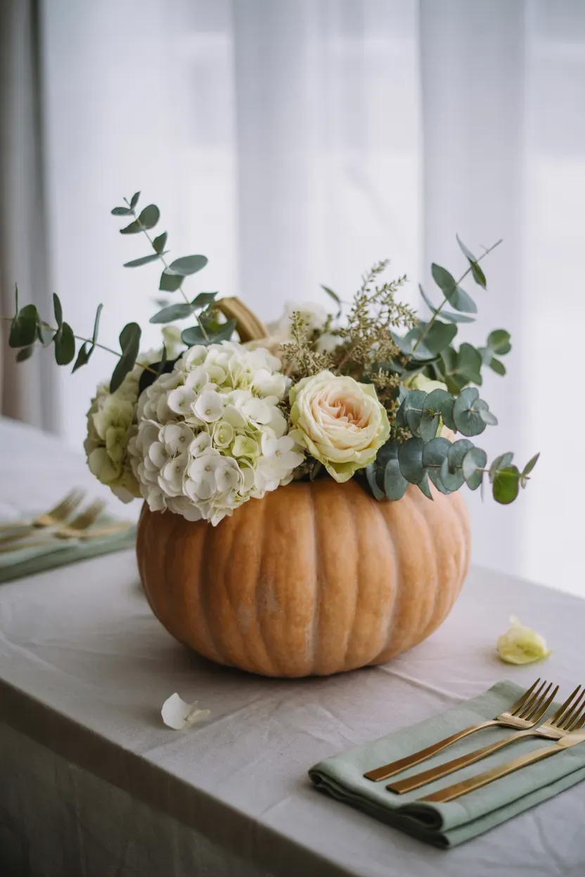 Hollowed orange pumpkin holding white hydrangeas and greenery on a Thanksgiving linen tablecloth