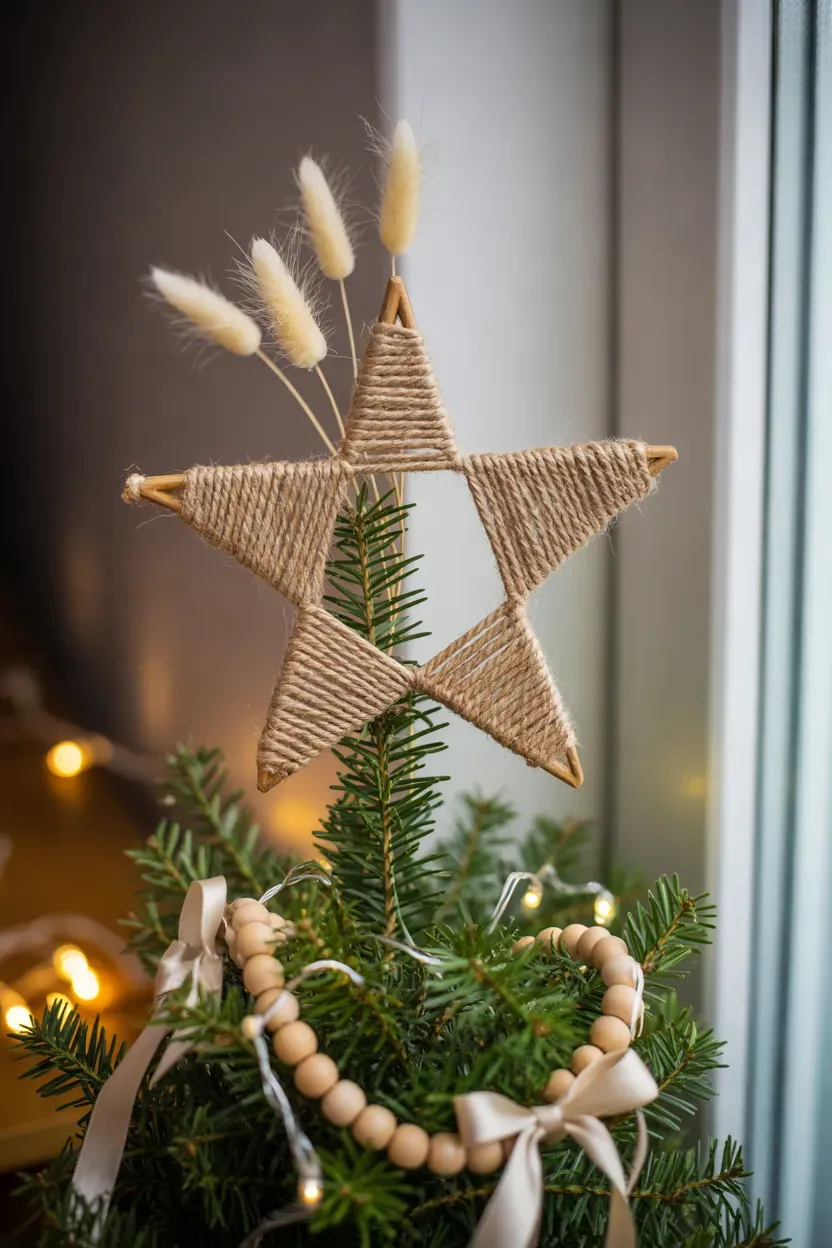 Jute wrapped star tree topper with dried bunny tail stems on a Christmas tree