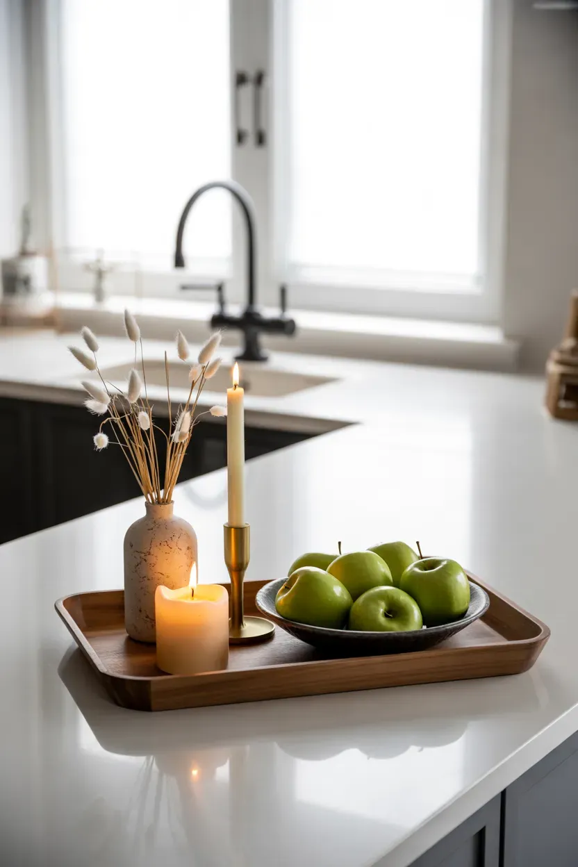 Kitchen island with a wooden tray, dried stems, and apples styled for Thanksgiving